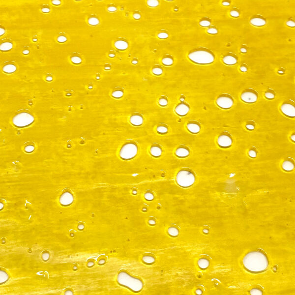 A close-up of Jack Herer Sativa Shatter, showing its golden, glass-like texture with clean, crisp breaks. Perfect for dabbing, vaping, or mixing with flower.