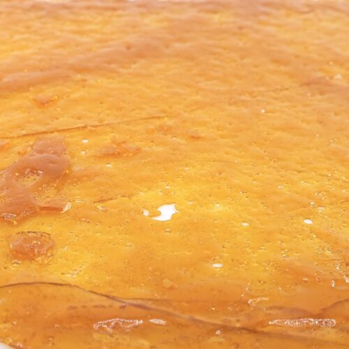 A close-up of Pineapple Express Shatter, showing its golden, glass-like texture with clean, crisp breaks. Perfect for dabbing, vaping, or mixing with flower.