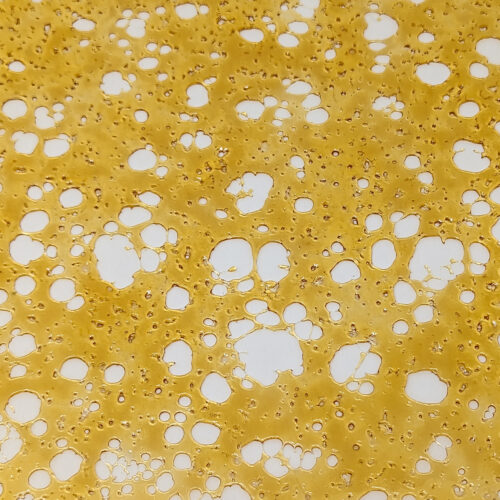 A close-up of Northern Lights Shatter, showing its golden, translucent texture with a crisp, clean break. Perfect for dabbing, vaping, or enhancing flower.