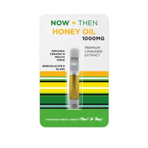 Now + Then - Honey Oil Vape Cartridge filled with rich, golden THC honey oil, shown in a clear glass container—perfect for vaping, dabbing, or infusing edibles with smooth, calming effects and a sweet, earthy flavour