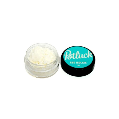 Potluck CBD Isolate in an open blue container showing fine white crystalline powder, displayed on a clean white background