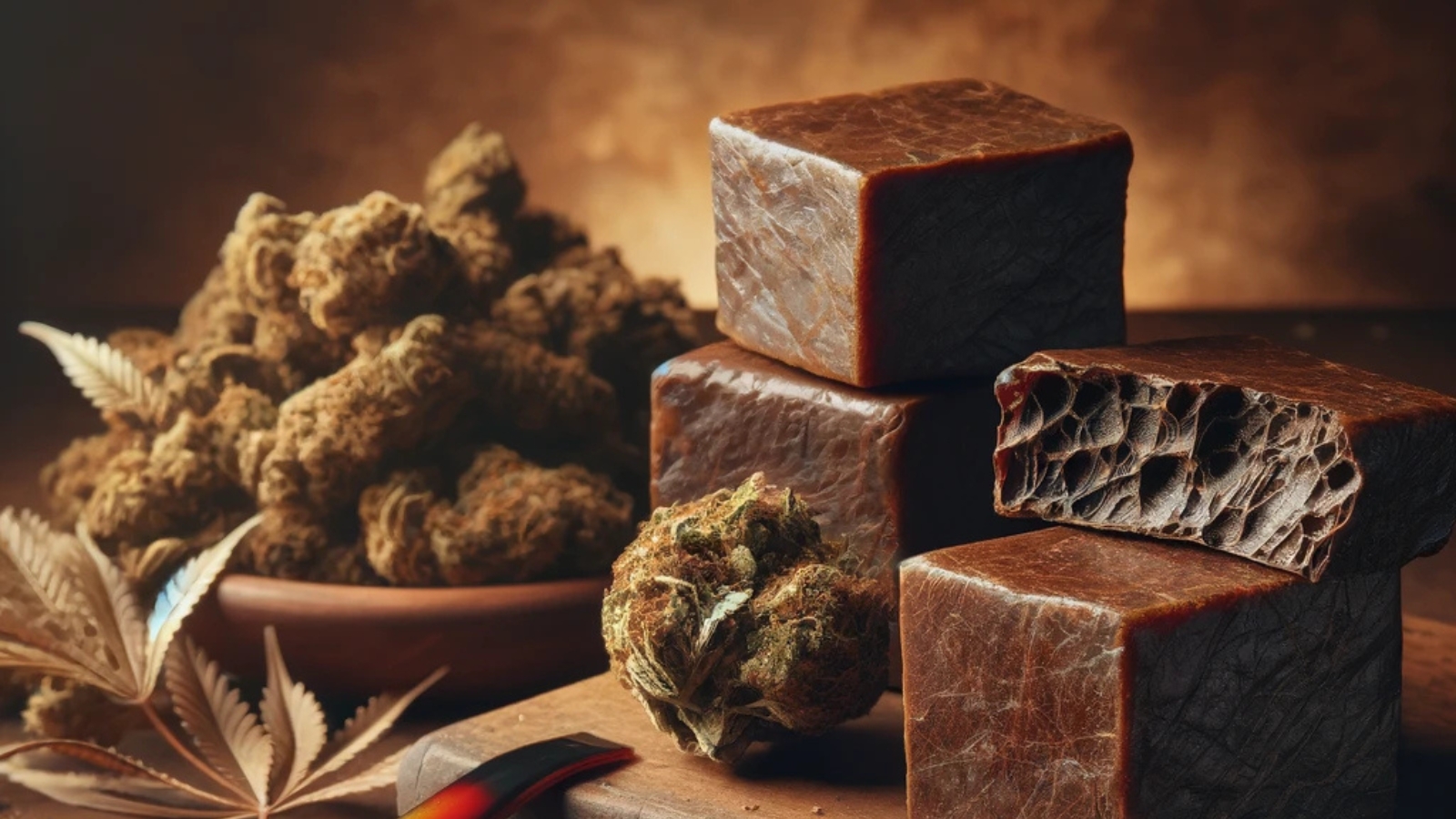 A stack of afghani hash with cannabis buds.