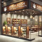 A modern cannabis dispensary in Alberta, Canada, specializing in high-quality hash products. The storefront has a sleek design with clear signage, and the interior features glass display cases showcasing various hash selections. The dispensary has a professional and welcoming atmosphere with warm lighting.