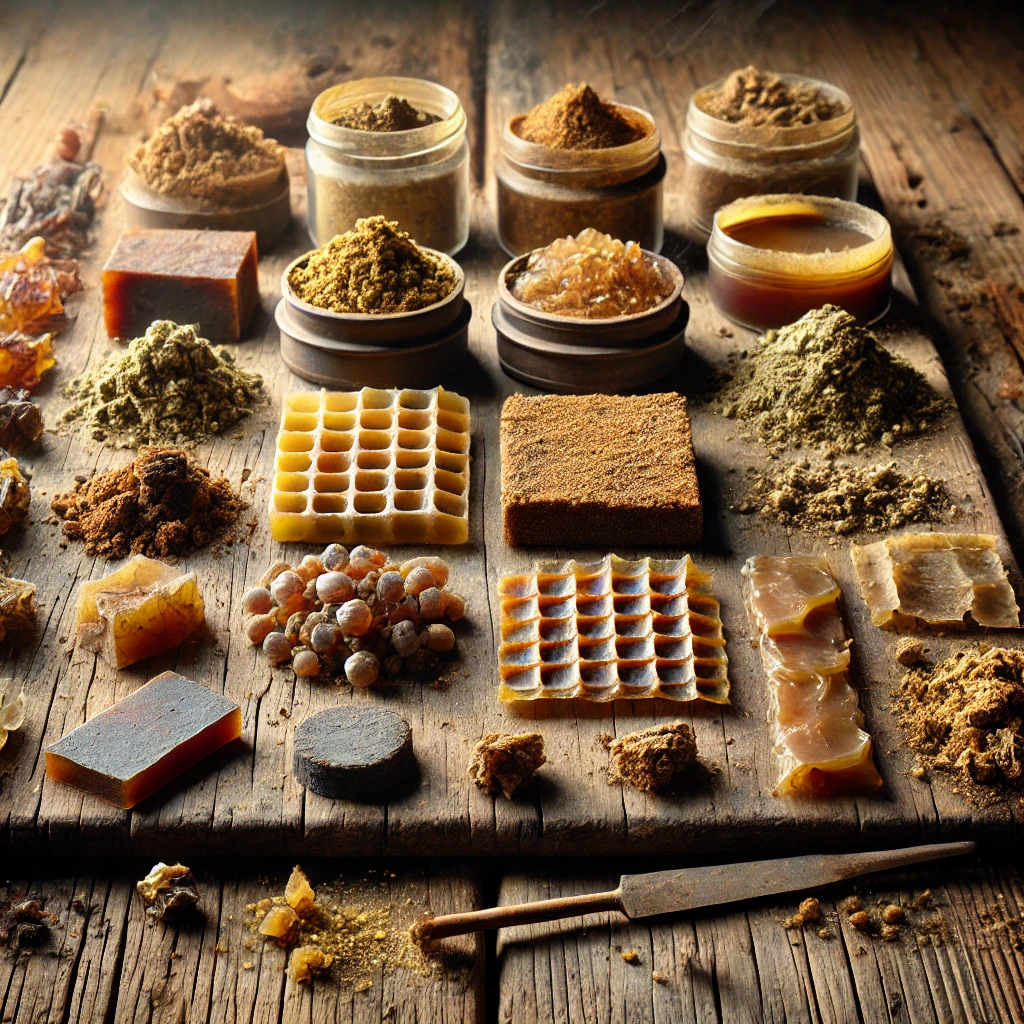 A variety of different types of hash, showcasing textures, colors, and forms, including pressed hash, bubble hash, and hash rosin, displayed on a wooden surface.