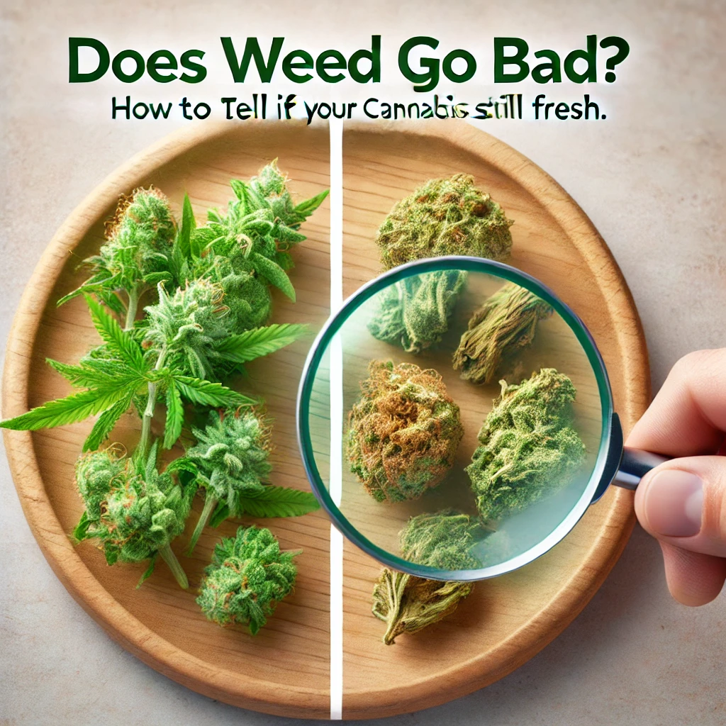 A visually informative image showing a side-by-side comparison of fresh, vibrant green cannabis buds and old, dry, brownish weed. A magnifying glass highlights key details like trichome coverage and texture differences, creating an educational feel.