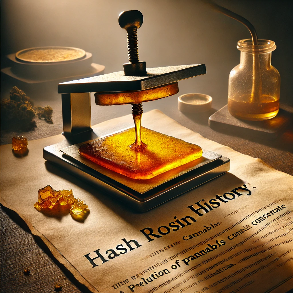 A visually striking image featuring golden, sticky hash rosin placed on parchment paper under a heated press, symbolizing the evolution of solventless cannabis extraction. The background subtly hints at traditional hash-making origins in regions like Afghanistan and Morocco, blending history with modern innovation.