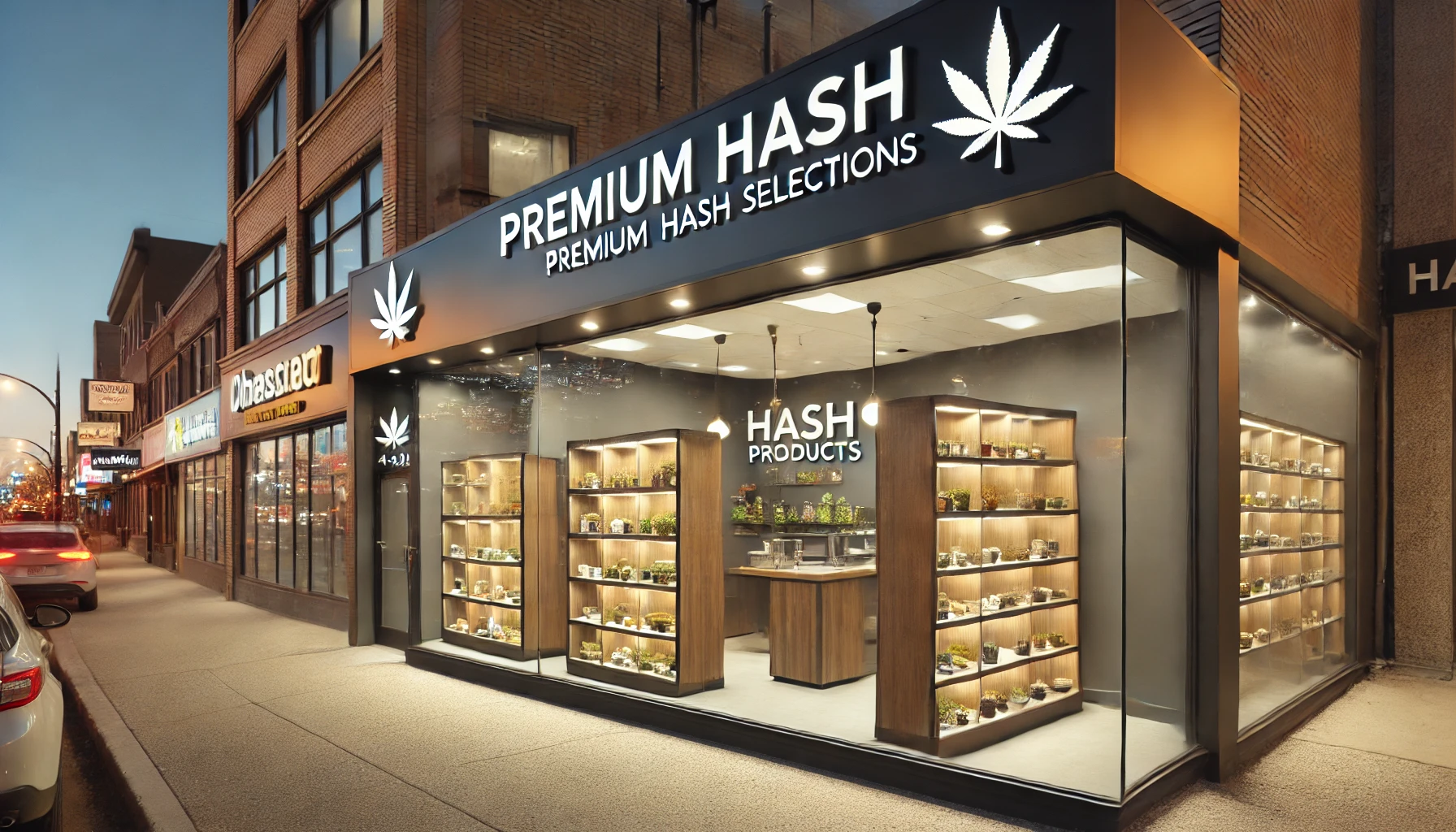 A modern cannabis dispensary in Manitoba, Canada, featuring a sleek storefront with signage highlighting premium hash products. Inside, glass display cases showcase various hash selections, illuminated by warm lighting to create a professional and inviting atmosphere.
