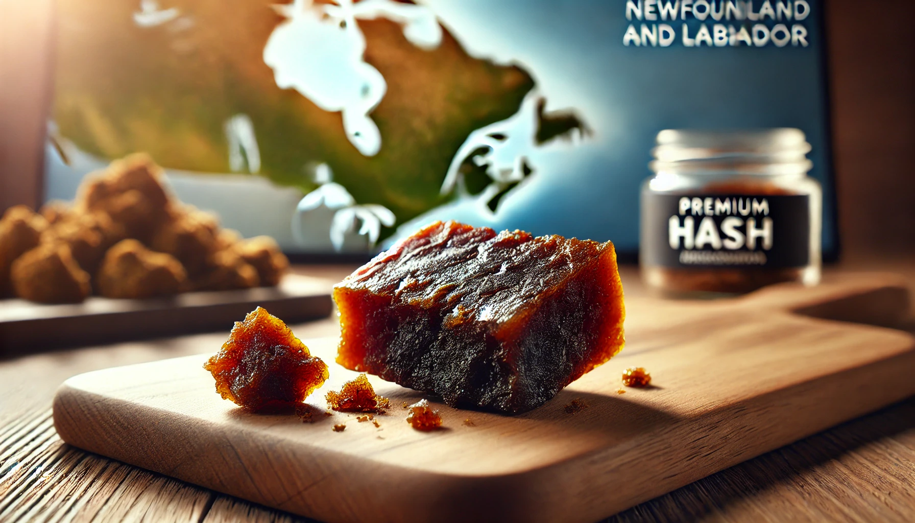 A wide-format image of premium hash displayed on a wooden surface, showcasing its dark brown, slightly sticky texture with a piece crumbled to reveal its resin-rich interior. The background includes a softly blurred map of Newfoundland and Labrador, subtly indicating its regional availability.