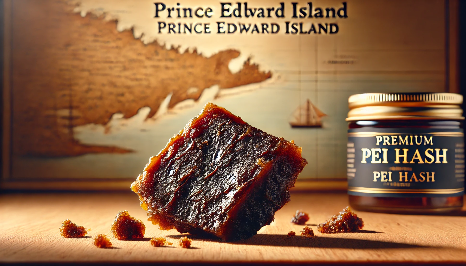 A wide-format image of premium PEI hash displayed on a wooden surface. The hash has a dark brown, slightly sticky texture, with a small piece crumbled to reveal its resin-rich interior.