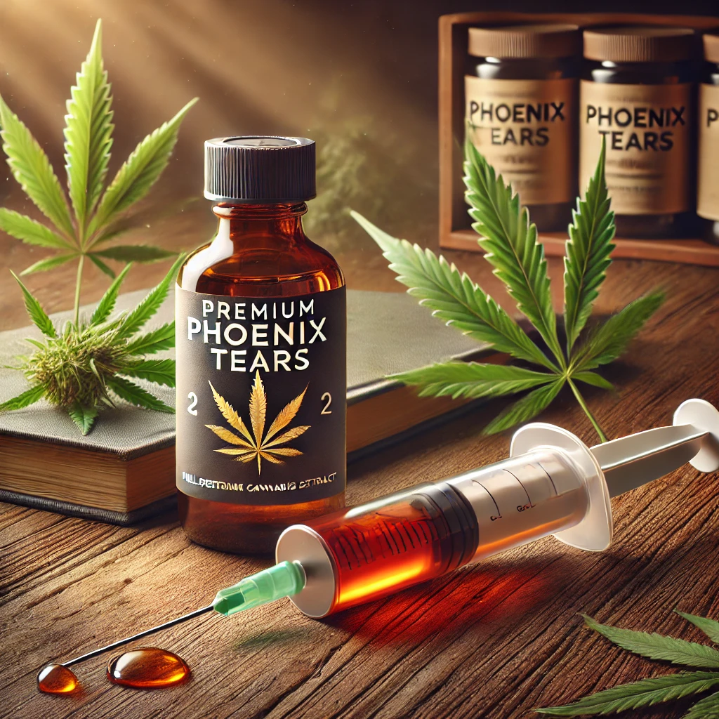 Phoenix Tears cannabis oil in a syringe with a rich amber color, placed on a wooden surface with cannabis leaves in the background, emphasizing its potency and full-spectrum benefits.