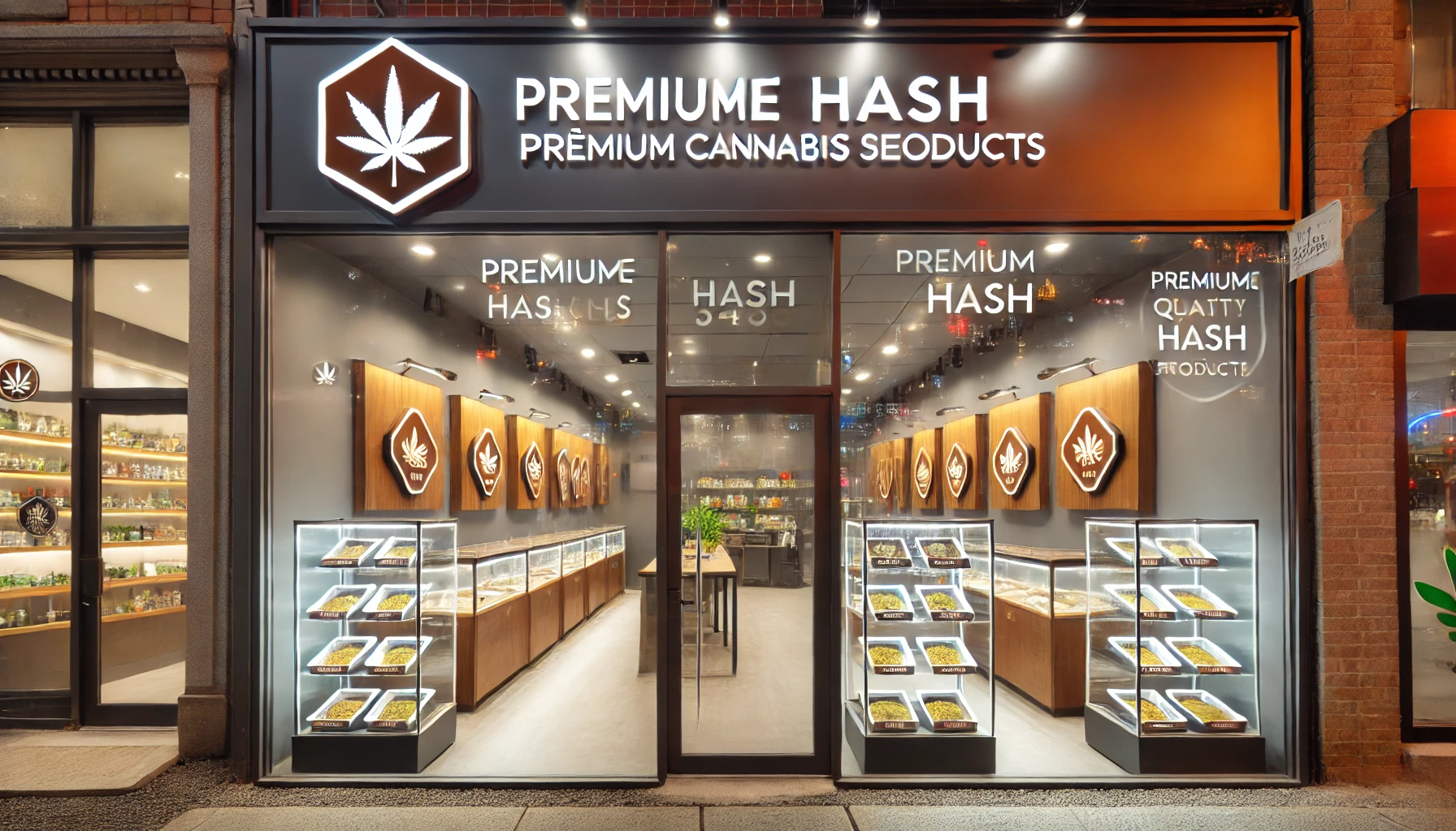 A modern Quebec cannabis dispensary featuring a sleek storefront with signage highlighting premium hash selections. Inside, glass display cases showcase various types of hash, illuminated by warm lighting to create a welcoming and professional atmosphere.