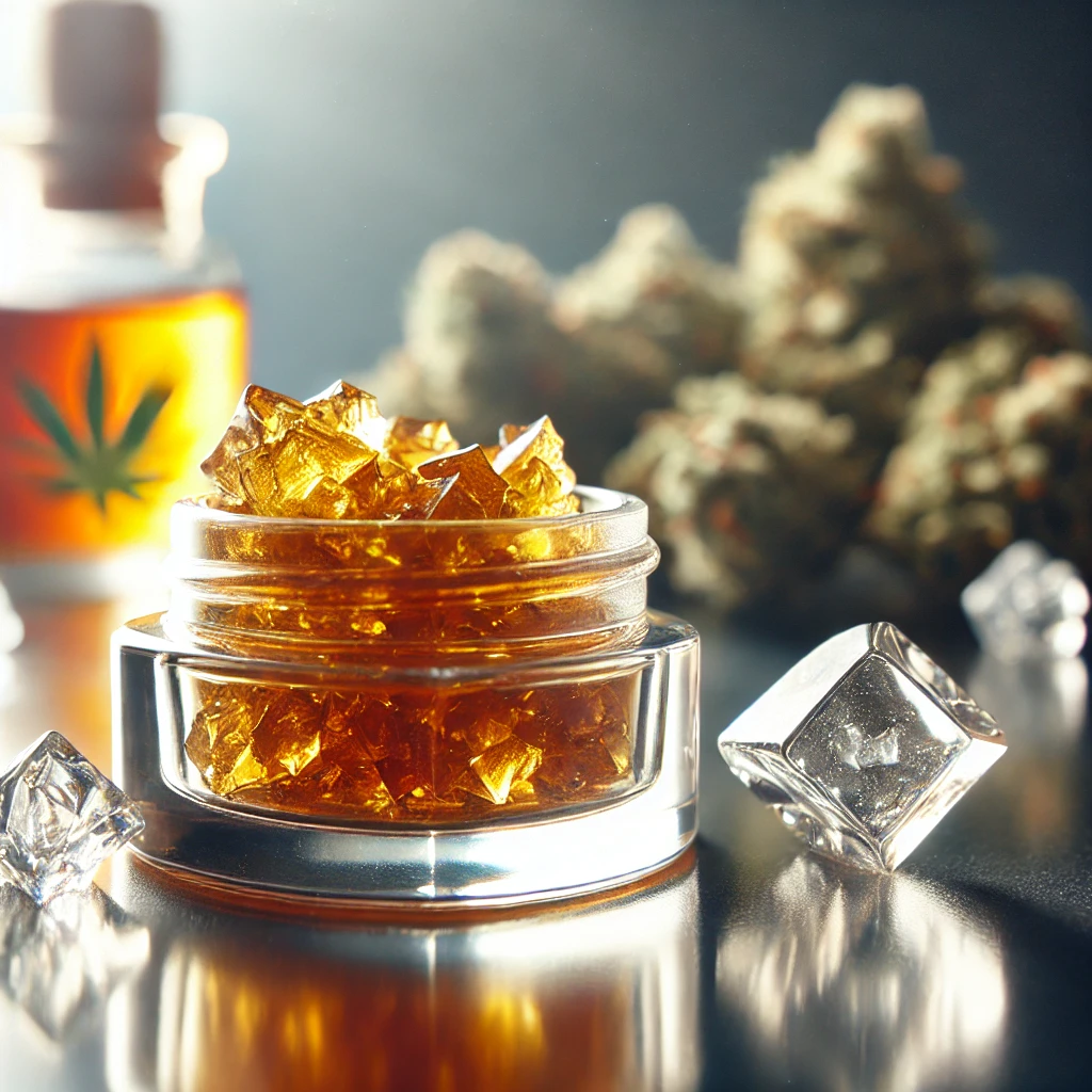 A close-up view of THC Diamond Sauce, showcasing crystalline THCA diamonds submerged in golden terpene sauce in a glass container.