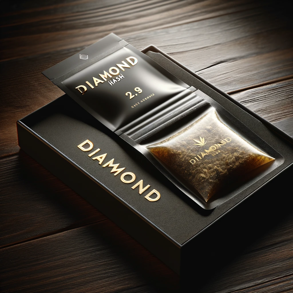 Luxury packaged Diamond Hash displayed on a dark wooden table, emphasizing its high-end appeal. Featuring minimalist gold-embossed lettering and premium presentation.