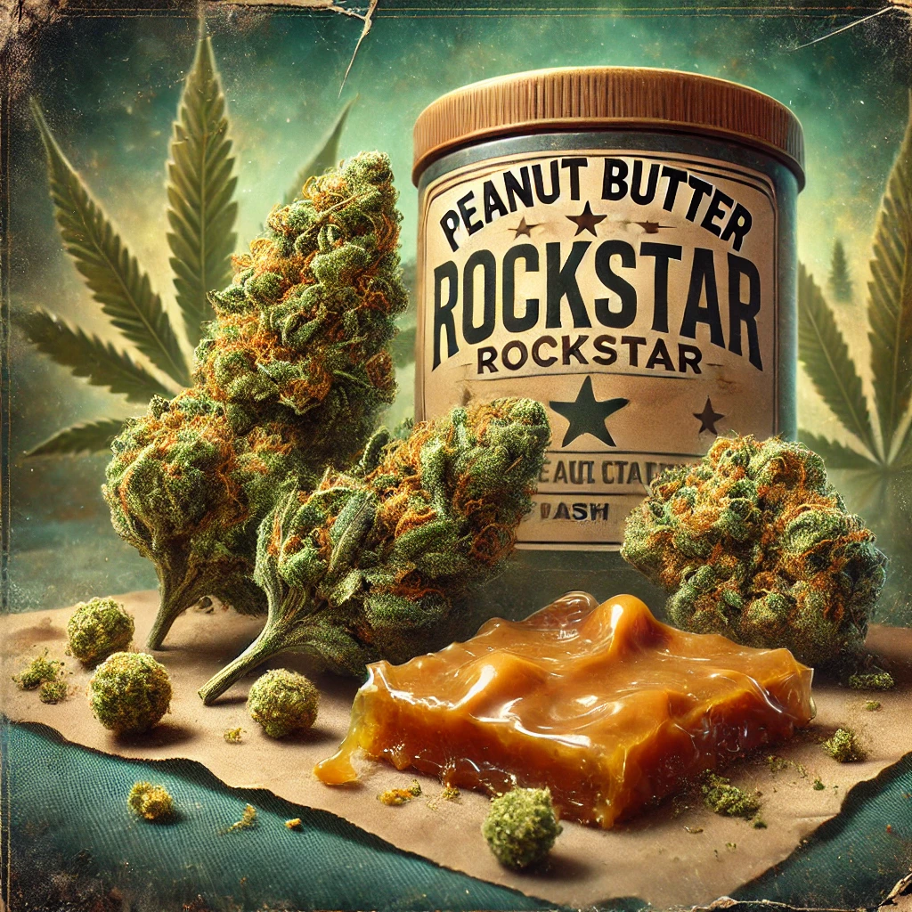 A detailed digital artwork showcasing hash production and the history of the Peanut Butter Rockstar strain, featuring high-quality hash and cannabis buds with a vintage aesthetic.