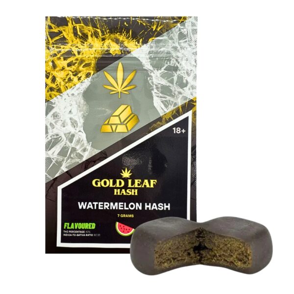 An image of watermelon hash with gold leaf hash packaging