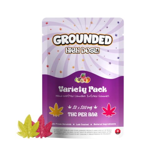 Grounded – High Dose Gummy Leafs – Variety Pack packaging with two cannabis leaf-shaped gummies displayed on a white background