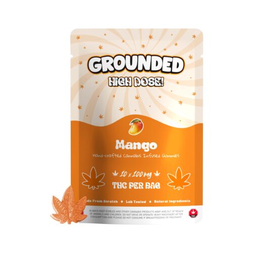Grounded – High Dose Gummy Leafs – Mango packaging with one cannabis leaf-shaped gummies displayed on a white background
