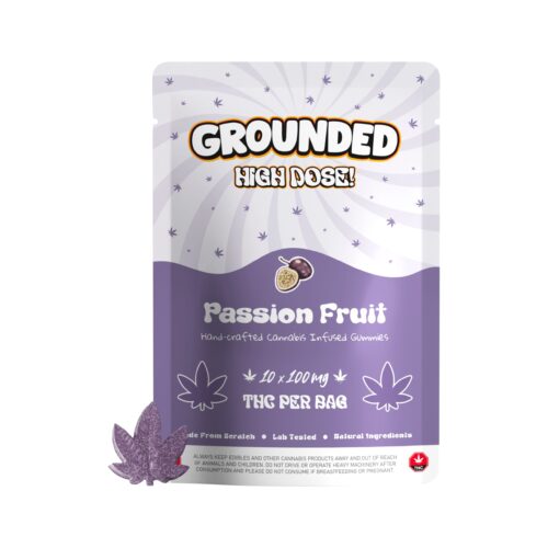 Grounded – High Dose Gummy Leafs – Passion Fruit packaging with one cannabis leaf-shaped gummies displayed on a white background