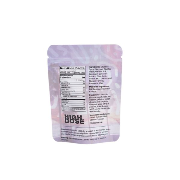 Back of the High Dose – Tropical Punch Gummies packaging shown on a white background, highlighting the ingredients and detailed product information