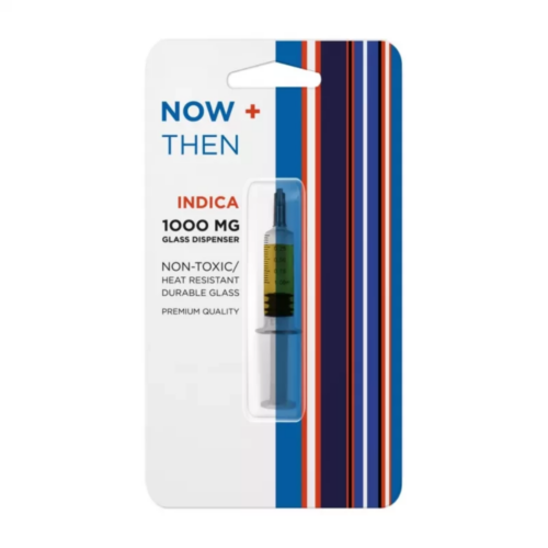 Now + Then – Indica Syringe shown in a clear glass dispenser filled with rich golden THC oil, designed for dabbing, vaping, or infusing edibles with relaxing effects