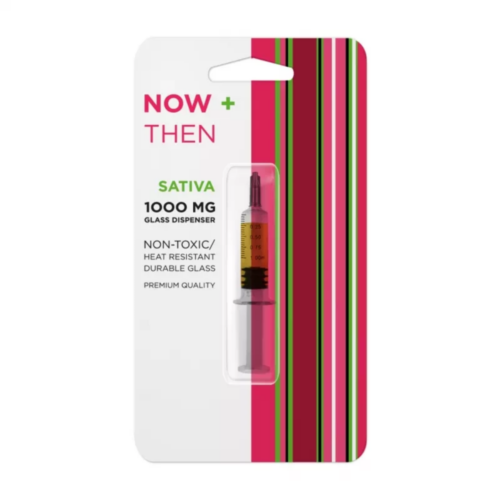 Now + Then – Sativa Syringe shown in a clear, heat-resistant glass dispenser filled with golden THC oil, ideal for vaping, dabbing, or edible infusion