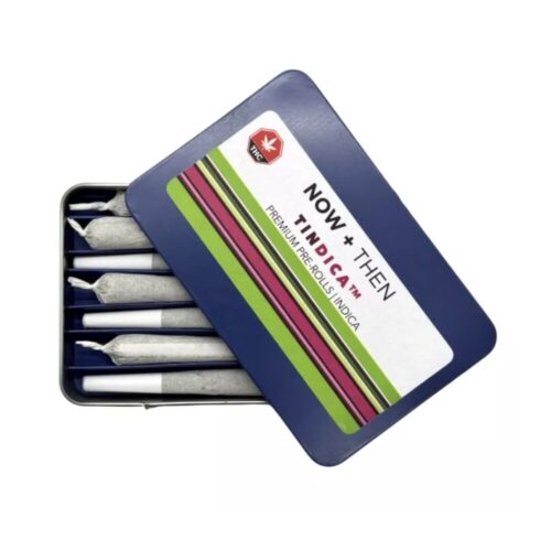 Now + Then TINDICA Indica Pre Roll 7 Pack – Lemon Ice shown in a sleek reusable tin with seven 1g pre rolls, designed for relaxation with premium indica-dominant flower and citrus-forward branding