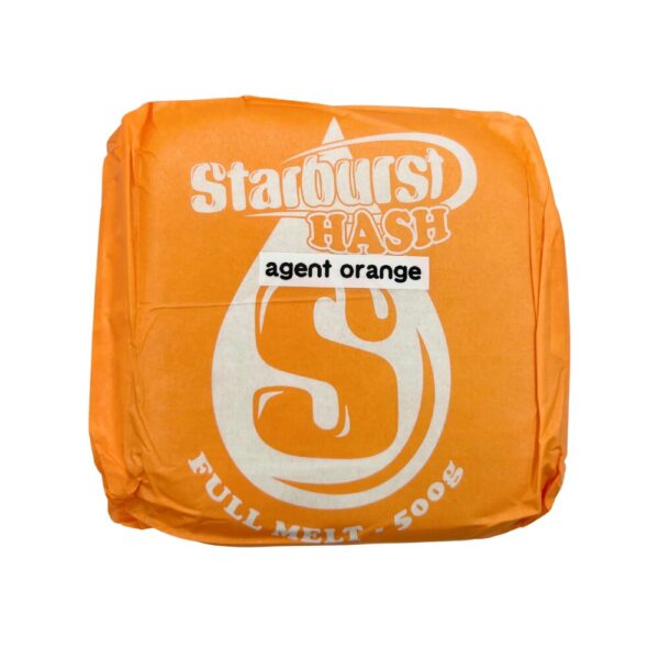 An image of Agent Orange Full Melt Hash with an orange Starburst Wrapper on a white background