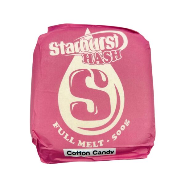 An image of Cotton Candy Full Melt Hash with a pink Starburst Wrapper on a white background