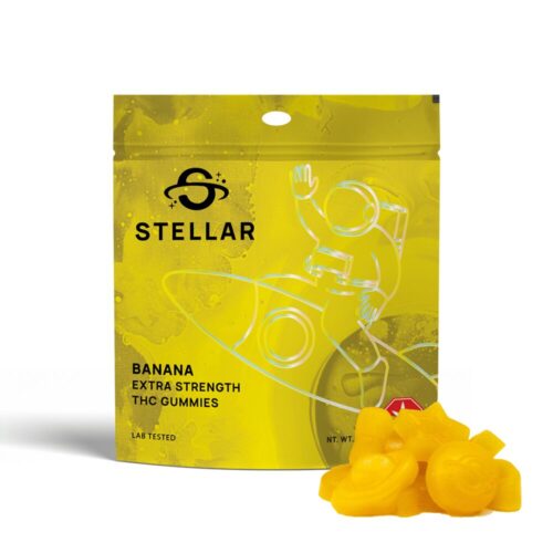 An image of Stellar Banana Gummies showcasing the gummies next to the orange packaging on a white background