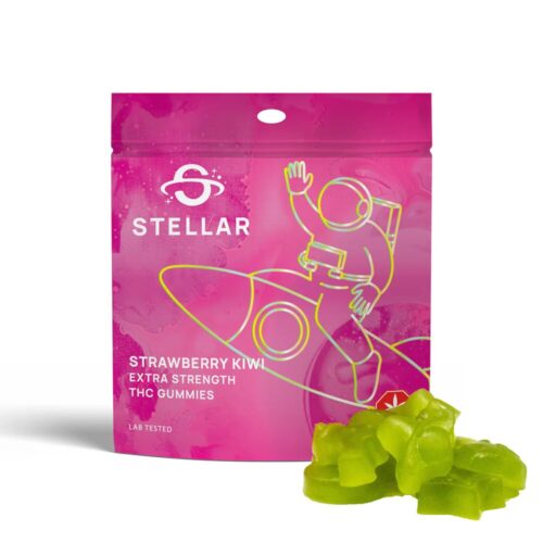 An image of Stellar Strawberry Kiwi Gummies showcasing the gummies next to the pink packaging on a white background