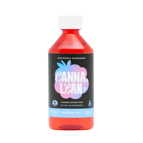 Bottle of Euphoria Cannabis – Blue Raspberry CannaLean THC Syrup (900mg) standing upright on a white background