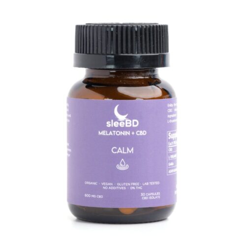 SleeBD – CBD Calm Capsules – purple glass bottle displayed on a white background, showing the product label clearly
