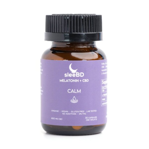 SleeBD – CBD Calm Capsules – purple glass bottle displayed on a white background, showing the product label clearly
