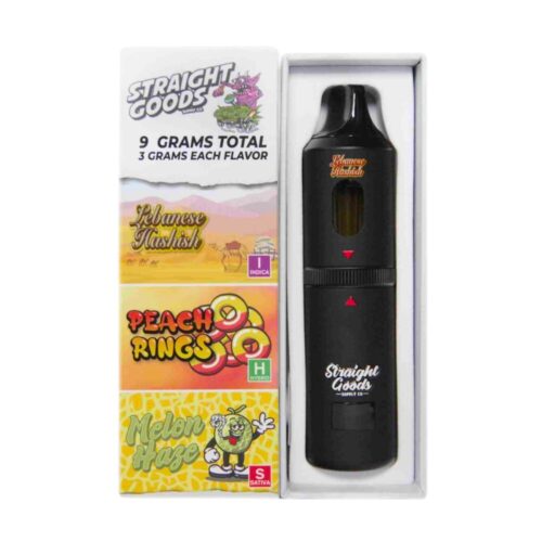 Straight Goods Vape – Lebanese Hashish X Melon Haze X Peach Rings with packaging – open box shown with lid beside it, displaying the vape pen and branded packaging on a white background