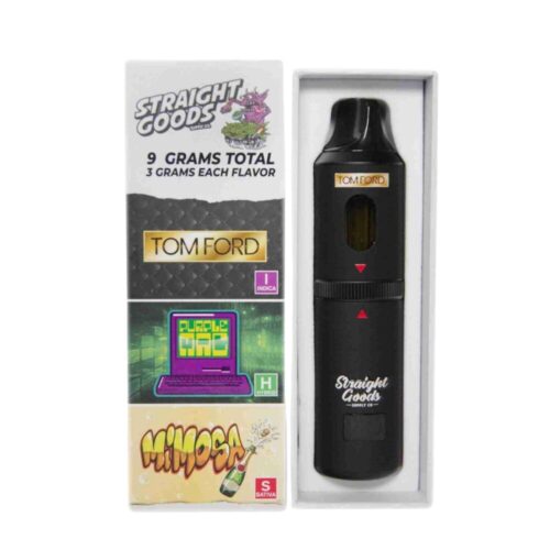Straight Goods – 9g Disposable THC Vape – Tom Ford X Mimosa X Purple Mac with packaging – open box shown with lid beside it, displaying the vape pen and branded packaging on a white background
