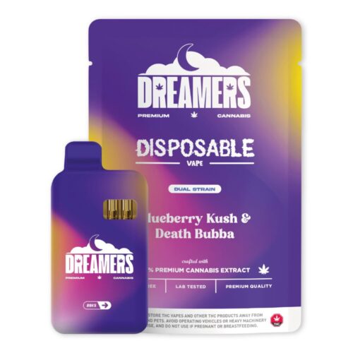 Dreamers Blueberry Kush & Death Bubba THC Vape Pen with packaging, displayed on a plain white background.