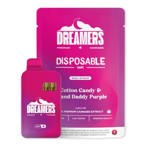 Dreamers Cotton Candy & Grand Daddy Purple THC Vape Pen with packaging, displayed on a plain white background.