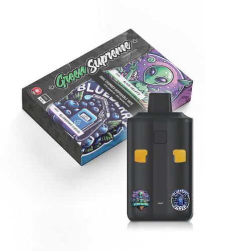 Photo of the Green Supreme Alien Gelato X Blueberry Diesel Vape Pen in front of its branded cardboard packaging on a clean white background