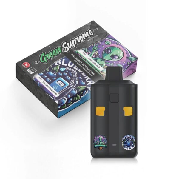 Photo of the Green Supreme Alien Gelato X Blueberry Diesel Vape Pen in front of its branded cardboard packaging on a clean white background