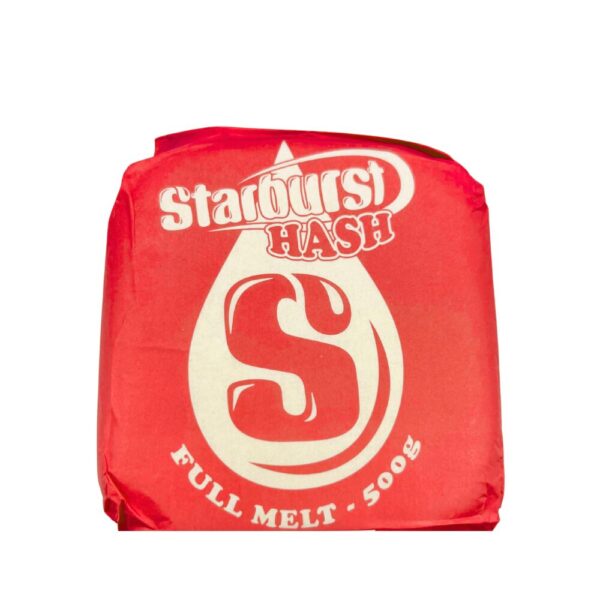 An image of Strawberry Fields Full Melt Hash with a red Starburst Wrapper on a white background