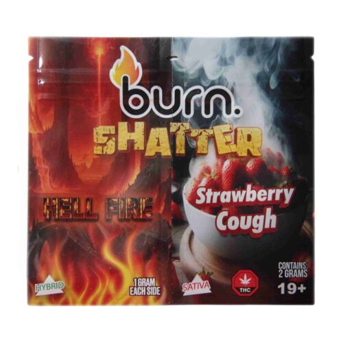 An image of Burn Hell Fire + Strawberry Cough Shatter showcasing the branded packaging on a white background