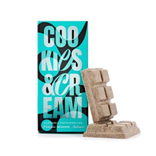 An image of a Euphoria Psychedelics Cookies & Cream Chocolate Bar showcasing the chocolate against the branded packaging