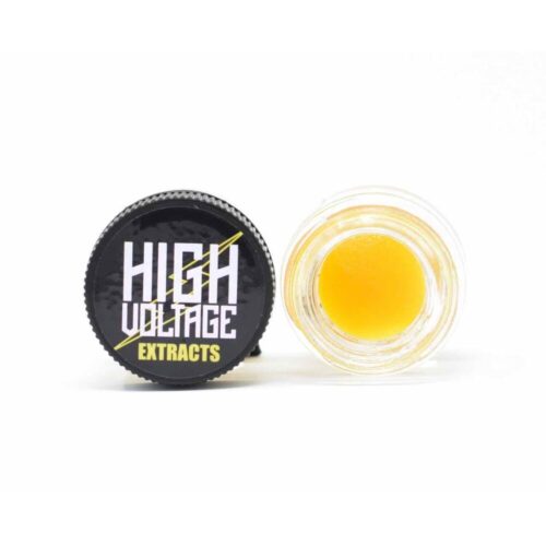 An image of a jar of High Voltage Extracts on its side showcasing the product and branded lid