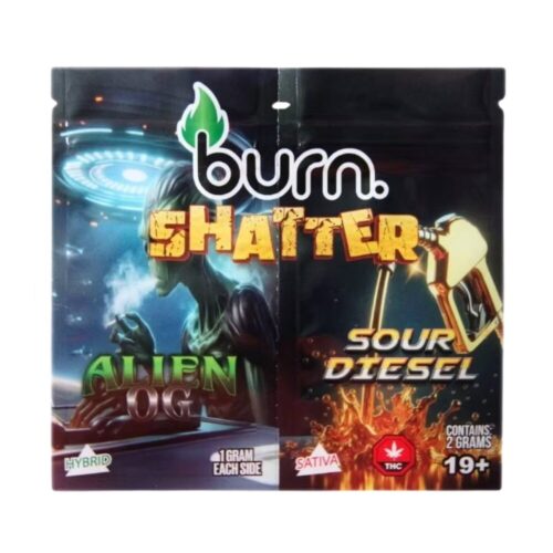Burn - Alien OG + Sour Diesel Shatter packaging on a clean white background