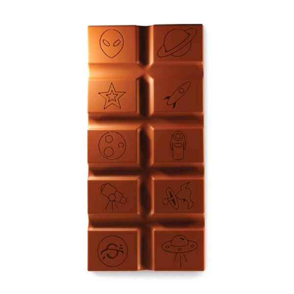 An image of a Stellar - Milk Chocolate Bar – 2000mg THC out of the packaging, showcasing the space themed designed chocolate on a clean, white background