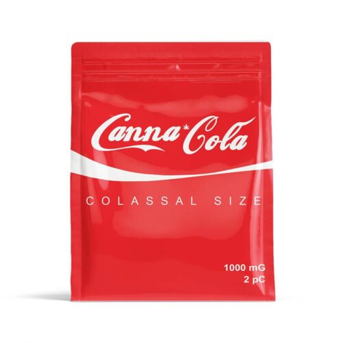 Canna Cola Gummies – 1000mg THC packaging with the classic Coca Cola logo font on a clean white background