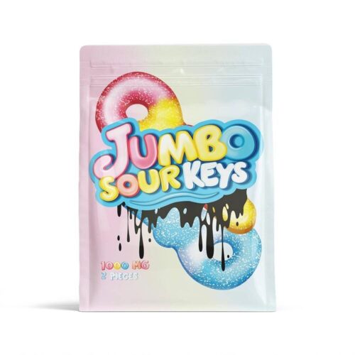 Colourful bag of Jumbo Sour Keys – 1000mg THC edibles showing two large, sugar-coated candy keys with bright pastel packaging