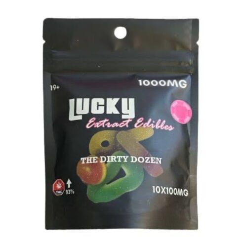 Lucky Extracts - The Dirty Dozen Gummies THC branded packaging displayed on a white background