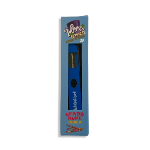 Wonka Extracts Nerds Rope Indica Vape Pen 2g – disposable THC vape with candy-inspired flavour, shown in branded Wonka Extracts packaging
