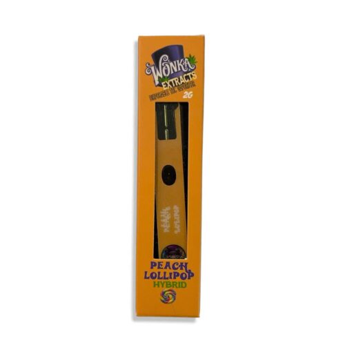 Wonka Extracts Peach Lollipop Hybrid Vape Pen 2g – orange disposable THC vaporizer featuring live resin and D9 distillate blend in Wonka-themed packaging